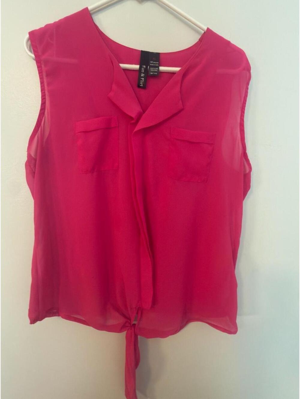 Fun & Flirt Hot Pink Polyester Tie Front Blouse XL
